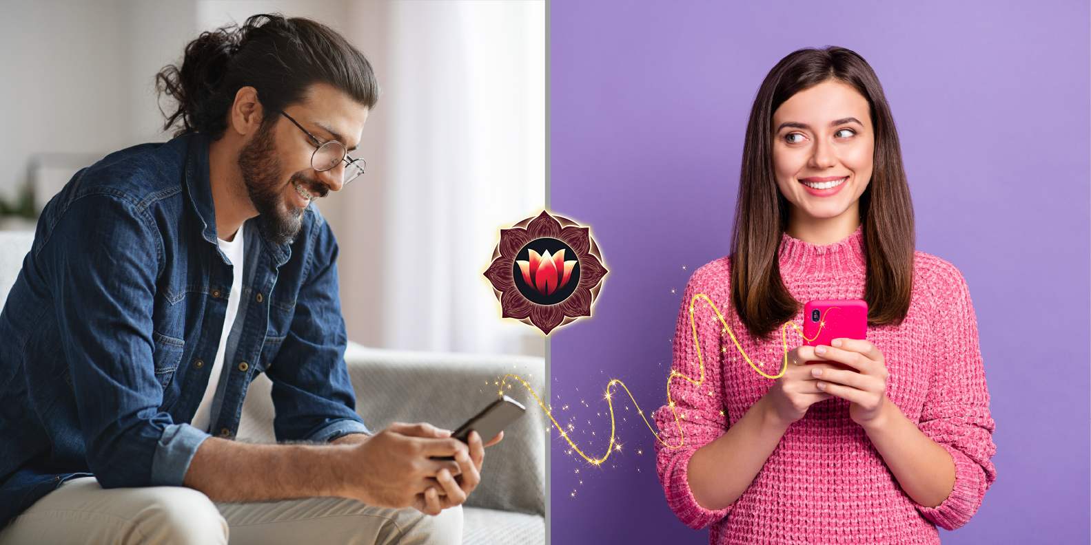 Split-screen image showing a kind message being typed and a happy person receiving it.