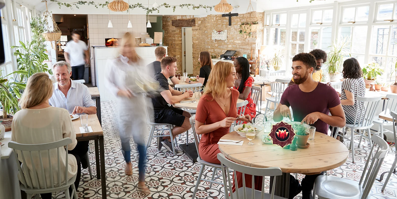 Warm, inviting busy, public setting like a cafe.